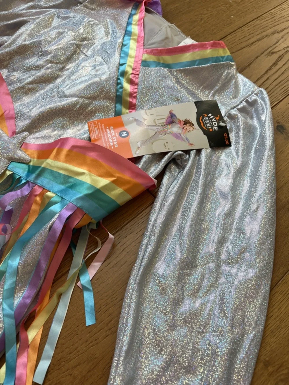 Rainbow Rockstar Unicorn Costume girls Size Medium - Silver 3 pc Jumpsuit Cape